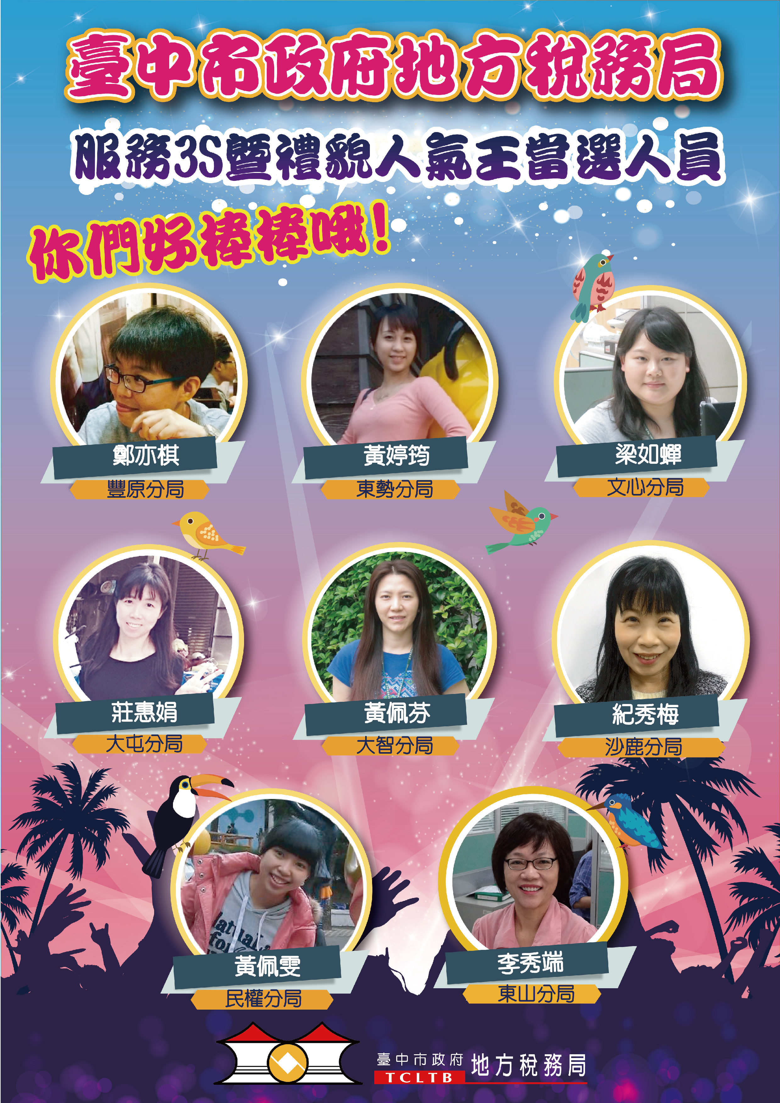 恭喜！本局105年禮貌人氣王終於出爐了，請熱騰騰的人氣王持續發光發熱帶動同仁推動服務禮貌，讓本局成為禮儀之局。